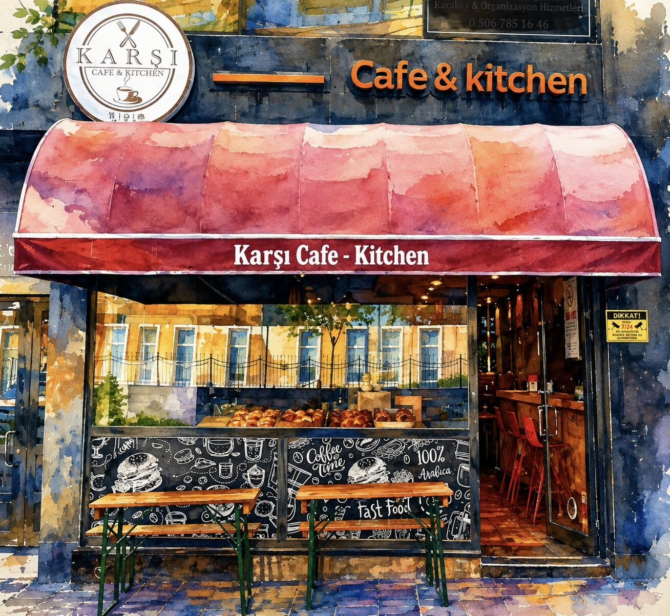 Karşı Cafe'nin suluboya cephe illüstrasyonu — Odunpazarı, Eskişehir