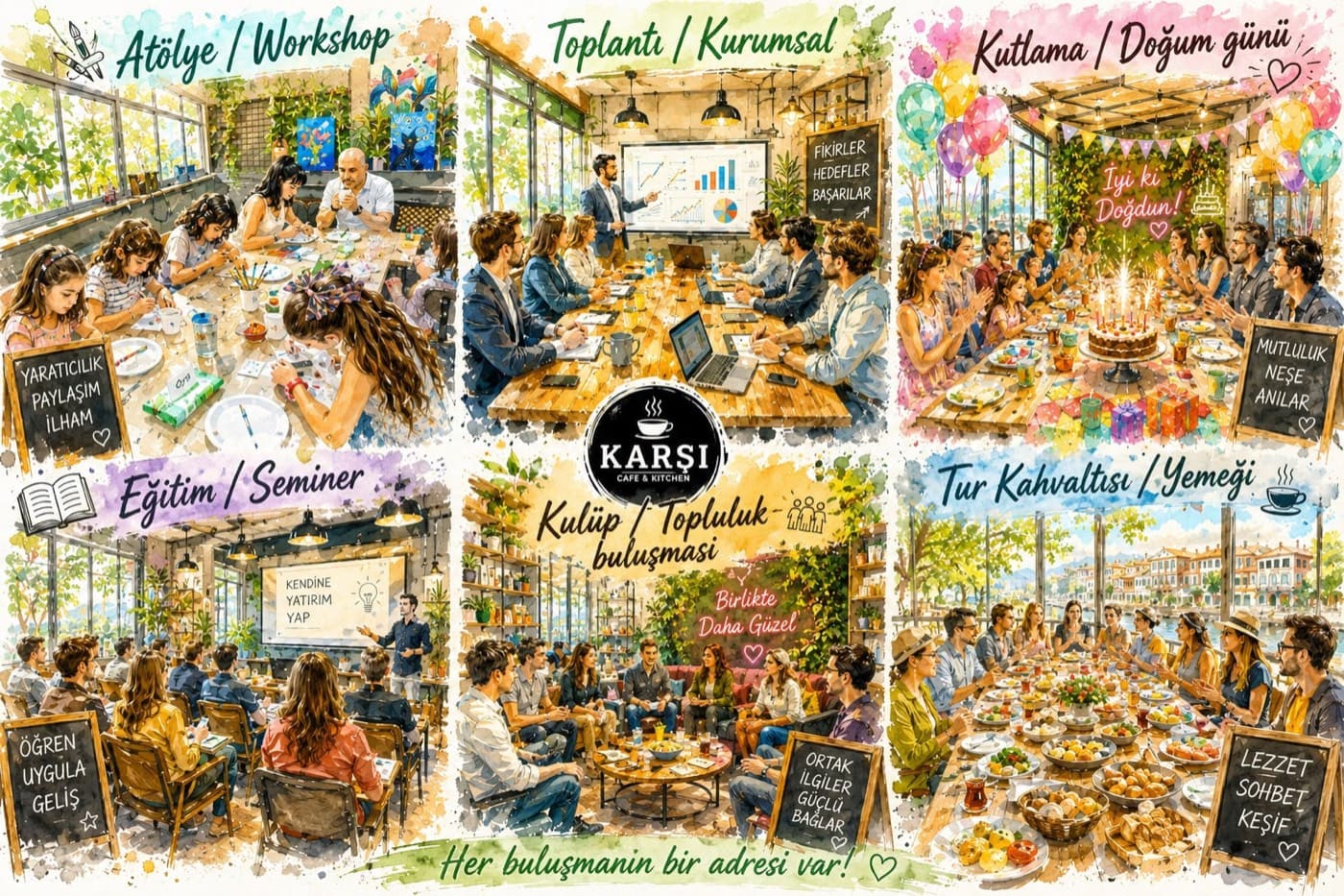 Karşı Cafe'de düzenlenen etkinlikler — atölye, toplantı, kutlama, seminer, topluluk buluşması ve tur kahvaltısı